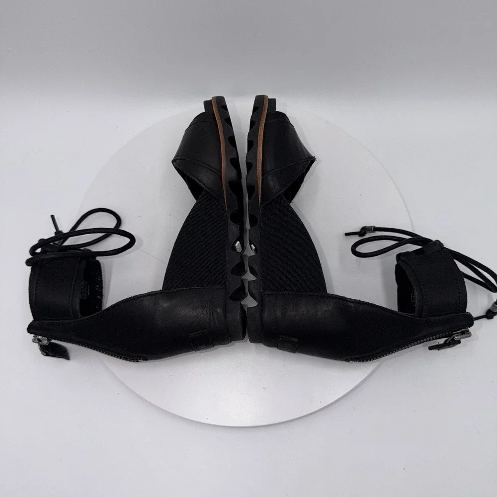 Sorel Joanie Black Leather Ankle Lace Up Wedge Heels Sandals Women's‎ Size 9